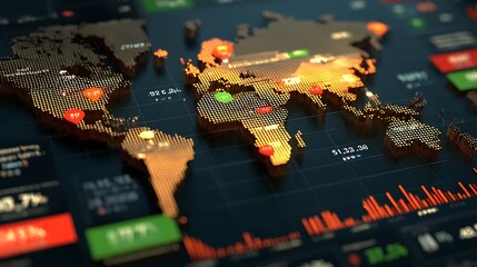 Global Financial Market Data Visualization A 3D World Map with Gold and Orange Highlights