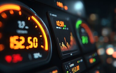 Futuristic Digital Dashboard Interface with Glowing Orange Gauges and City Lights Background