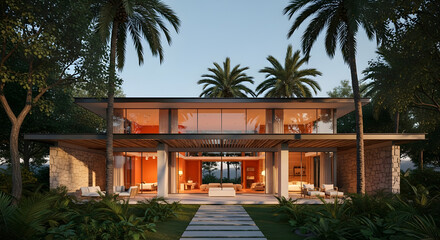 Naklejka premium Modern house exterior with palm trees and garden in tropical location