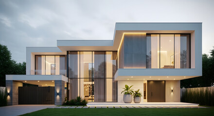 Modern house exterior with garden and garage in residential neighborhood