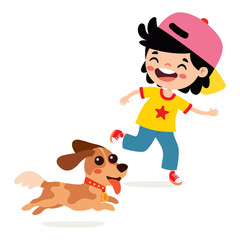 Cartoon Kid Playing With Dog