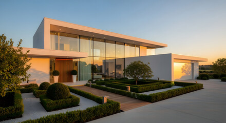 Fototapeta premium Modern house exterior with garden and walkway during daytime view