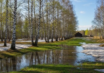 A serene landscape image captures a row of iconic white birch trees lining a reflective stream in early spring. Remnants of snow are still visible on the ground, but vibrant green grass is emerging. A