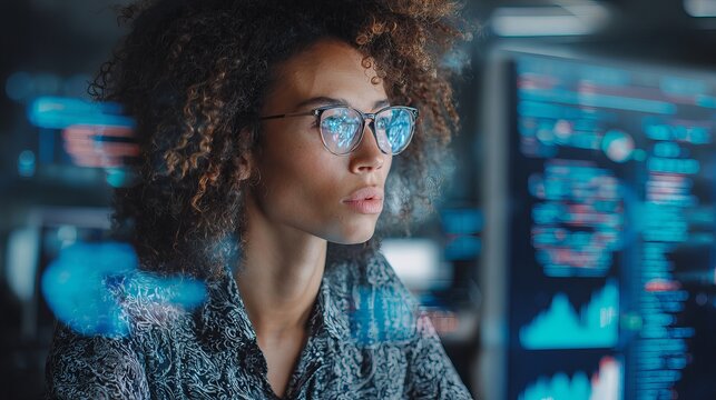 Focused woman with glasses studies complex data on futuristic digital screens, deep in thought.