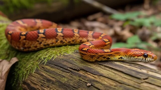 Crawling Corn Snake Close Up on Mossy Log in Forest Daylight