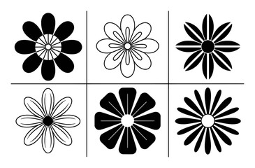 Collection of Six Stylized Black and White Flower Graphics