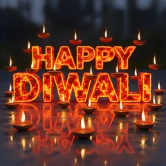 Brightly illuminated happy diwali text with glowing diyas creating a festive and celebratory atmosphere