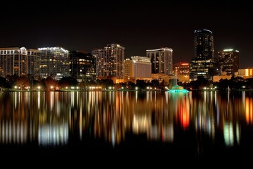 City skyline at night reflected in water