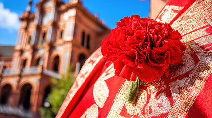 Red carnation on a golden-threaded shawl, embodying Spanish cultural richness and elegance.