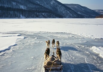 A wide, high-angle view captures a sled dog team of huskies pulling a wooden sled across a vast, snow-covered frozen lake. The clean, untouched white snow stretches to a line of pine trees and snow-ca