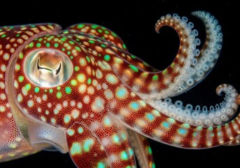 An extreme close-up captures the mesmerizing detail of a flamboyant cuttlefish. Its skin is a vibrant tapestry of intricate patterns and colors, from speckled red and orange to iridescent blue and gre
