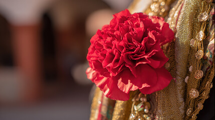 Red carnation on a golden-threaded shawl, embodying Spanish cultural richness and elegance.