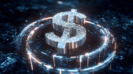 Dynamic digital dollar symbol glowing with circuit board energy and futuristic light streams