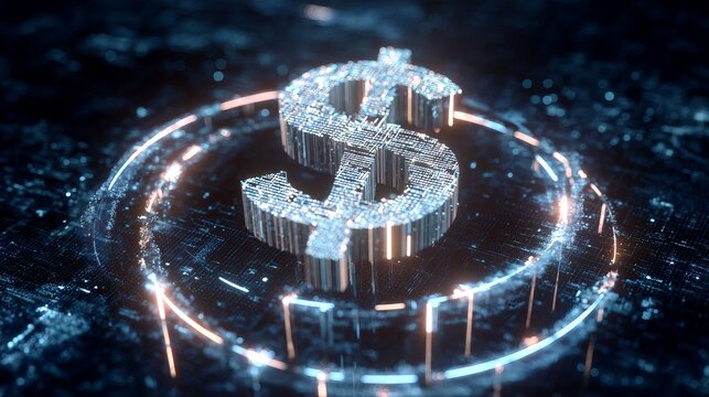 Dynamic digital dollar symbol glowing with circuit board energy and futuristic light streams - Powered by Adobe
