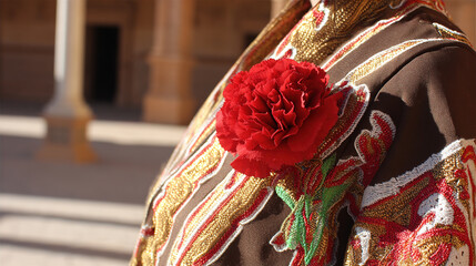 Red carnation on a golden-threaded shawl, embodying Spanish cultural richness and elegance.