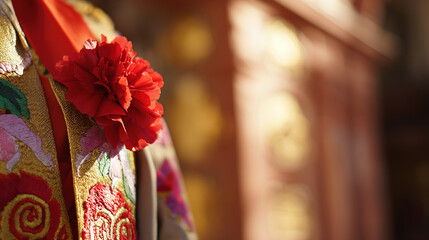 Red carnation on a golden-threaded shawl, embodying Spanish cultural richness and elegance.