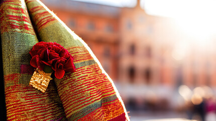 Red carnation on a golden-threaded shawl, embodying Spanish cultural richness and elegance.
