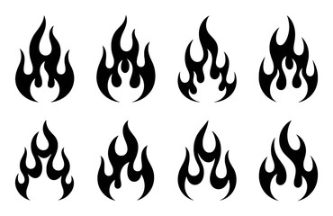 Collection of Stylized Black Flame Icons on White Background