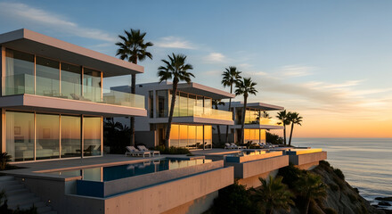 Fototapeta premium Luxury modern villa with pool overlooking the ocean at sunset