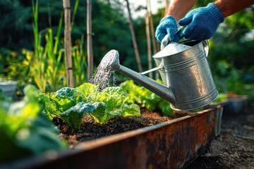Gardener watering plants in raised bed