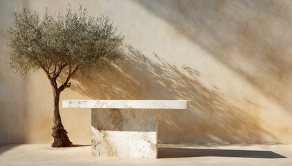 Minimalist scene Olive tree beside a marble pedestal against a beige wall, sunlit