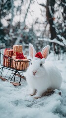 Snow covers the ground as a white rabbit in a Santa hat sits beside a decorated sleigh with gifts
