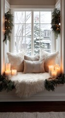 A cozy winter nook with plush cushions, fluffy throws, and candles by a snowy window