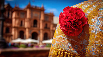 Red carnation on a golden-threaded shawl, embodying Spanish cultural richness and elegance.