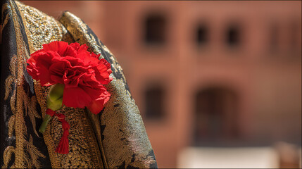 Red carnation on a golden-threaded shawl, embodying Spanish cultural richness and elegance.