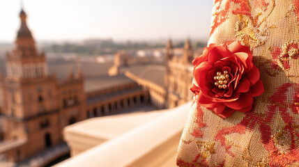 Red carnation on a golden-threaded shawl, embodying Spanish cultural richness and elegance.