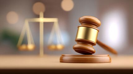 Wooden gavel and scales symbolize justice and law