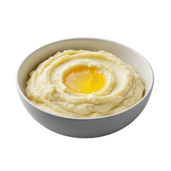 A classic white ceramic bowl filled with fluffy mashed potatoes featuring a glistening central pool of golden melted butter, soft studio lighting, gray background, appetizing comfort food concept.