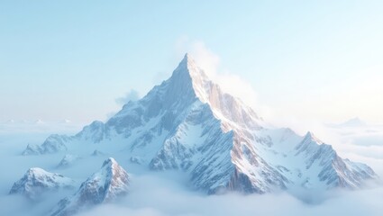 Obraz premium A majestic snow-capped mountain peak rises above a sea of clouds, bathed in soft, ethereal light.