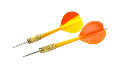 
Three colorful darts with red yellow and orange flights isolated on solid white background
