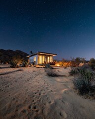 Modern off-grid tiny house with large glass windows, warmly lit from within, standing alone on a rocky hill under a vast starry sky.