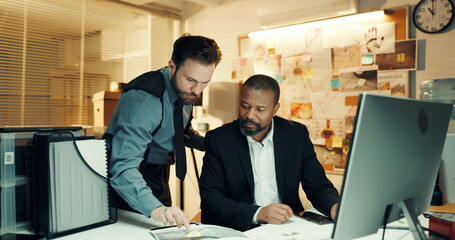 Computer, night and tablet with detective people in office together for crime investigation. App,...