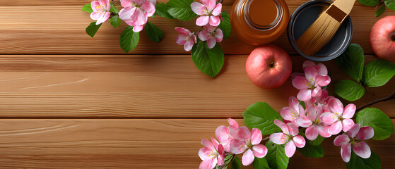 Wooden tabletop with apples and art supplies arrangement