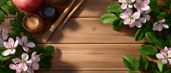 Wooden tabletop with apples and art supplies arrangement