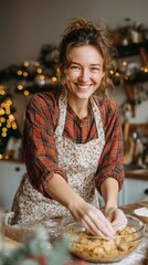 A smiling woman is kneading dough on a countertop surrounded by holiday decorations