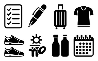 Collection of Travel and Daily Life Icons: Checklist, Pen, Suitcase, T-shirt, Sneakers, Bottles, Calendar