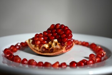 Close-up of pomegranate seeds on a white plate. Rich in antioxidants and iron, ideal for health...