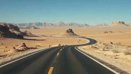 Curving desert highway leading towards distant sandstone rock formations under a clear blue sky