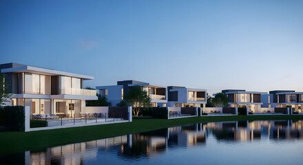 Modern houses with a beautiful reflection in the water at dusk