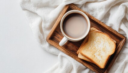 Cozy morning coffee and toasted bread on a wooden tray