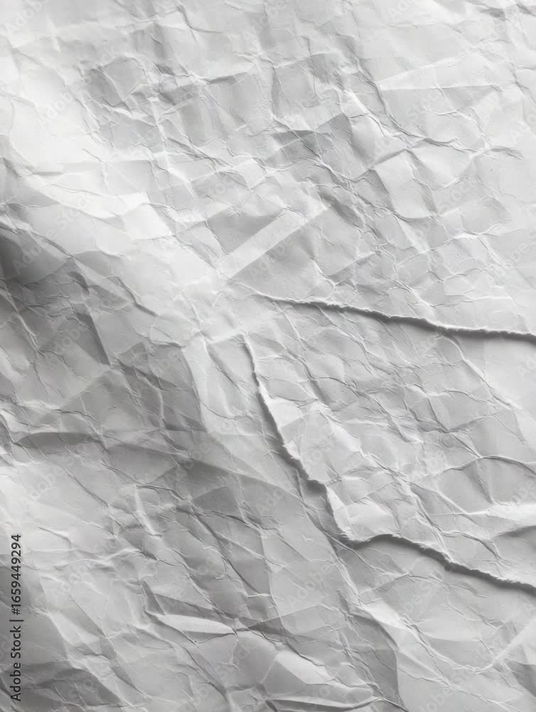 Poster crumpled white paper texture with intricate folds and shadows captured in close-up during daylight