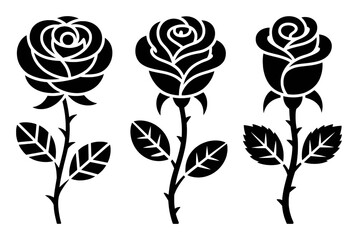 Three Black Silhouette Roses with Stems and Leaves on White Background