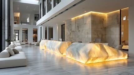 Luxury hotel lobby with glowing reception high resolution photo