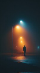 A lone figure walks down a foggy street, illuminated by glowing streetlights