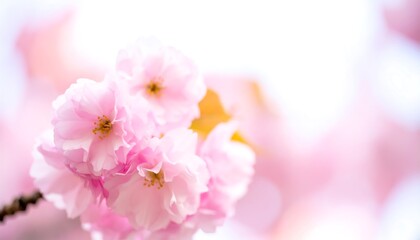 Soft focus image of delicate, light pink blossoms clustered on a branch, set against a blurred background of similar flowers