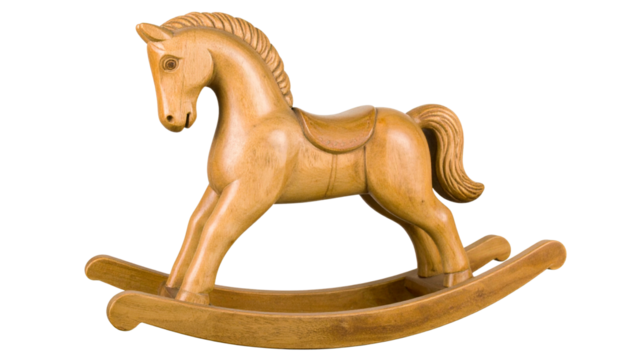 Classic wooden rocking horse toy with smooth curves and detailed craftsmanship, isolated on a clean white background. 